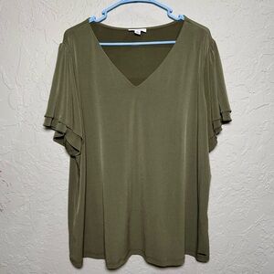 Calvin Klein Olive Green V-Neck Flutter Sleeve Knit Blouse